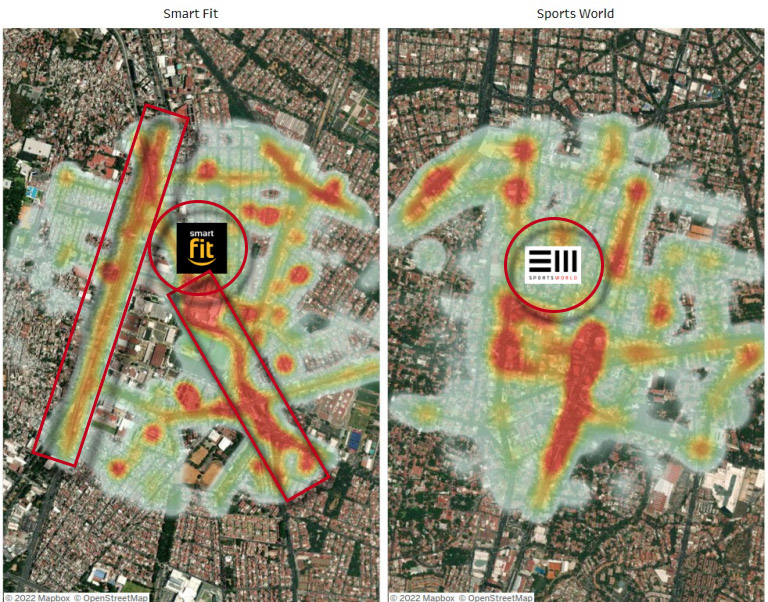 Mapas de calor para analizar el flujo de tránsito y peatonal alrededor de Smart Fit y Sports World