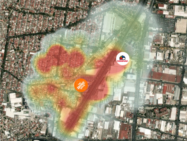 Uso de geomarketing y mapas de calor para analizar la concentración de tráfico alrededor de ambas tiendas
